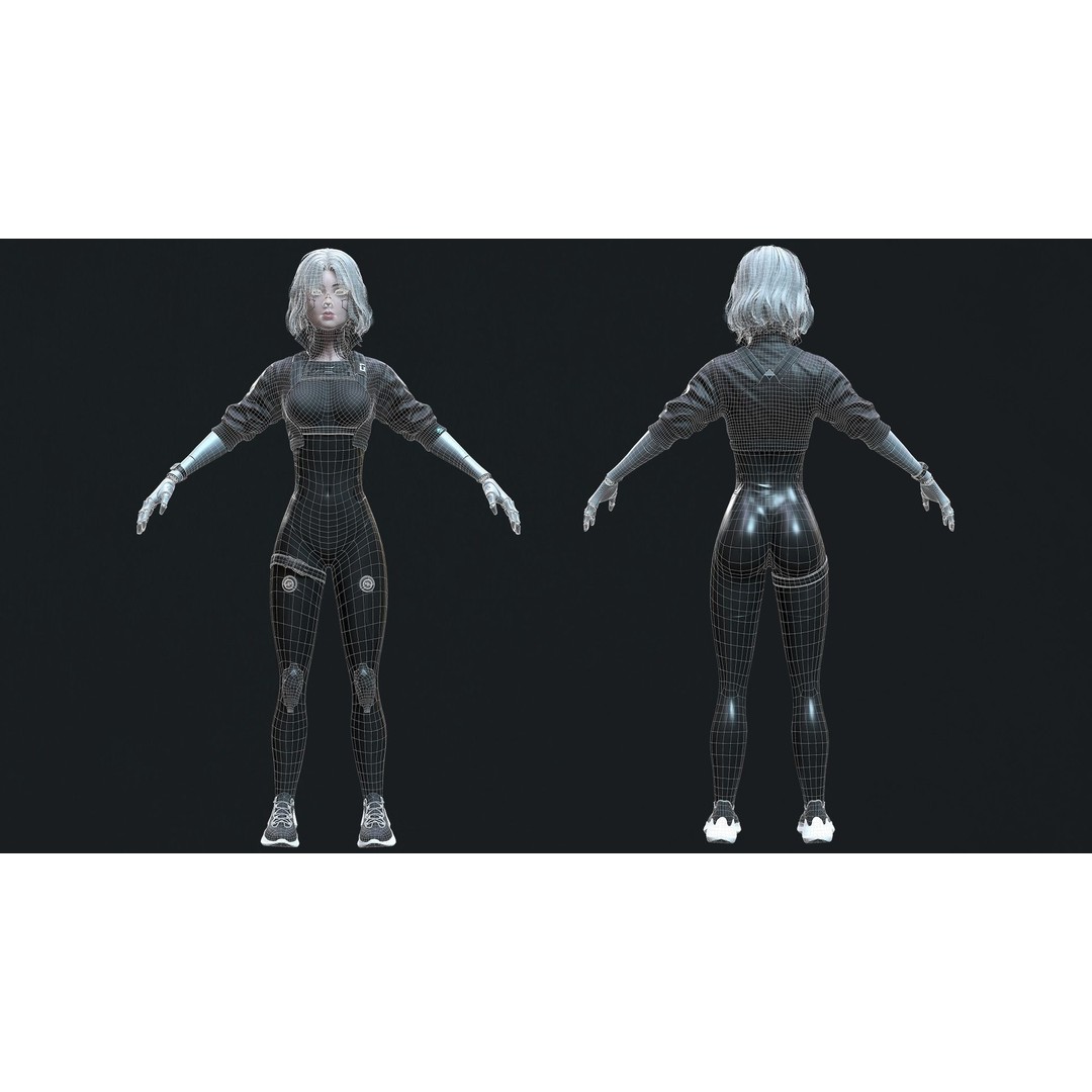 Cyberpunk Girl 3D Model – Low Poly Game-Ready Character, FBX - View 13