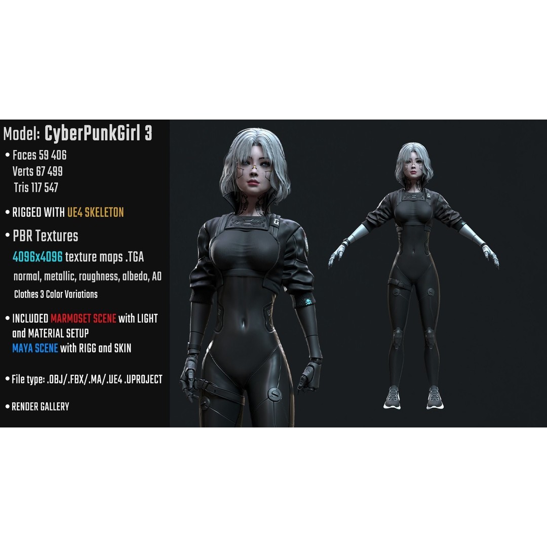 Cyberpunk Girl 3D Model – Low Poly Game-Ready Character, FBX - View 3