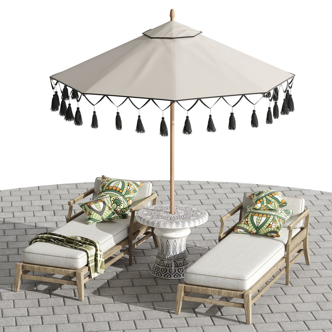Beach Umbrella and Chaise Longue Set 3D Model – Realistic Outdoor Furniture, FBX, OBJ