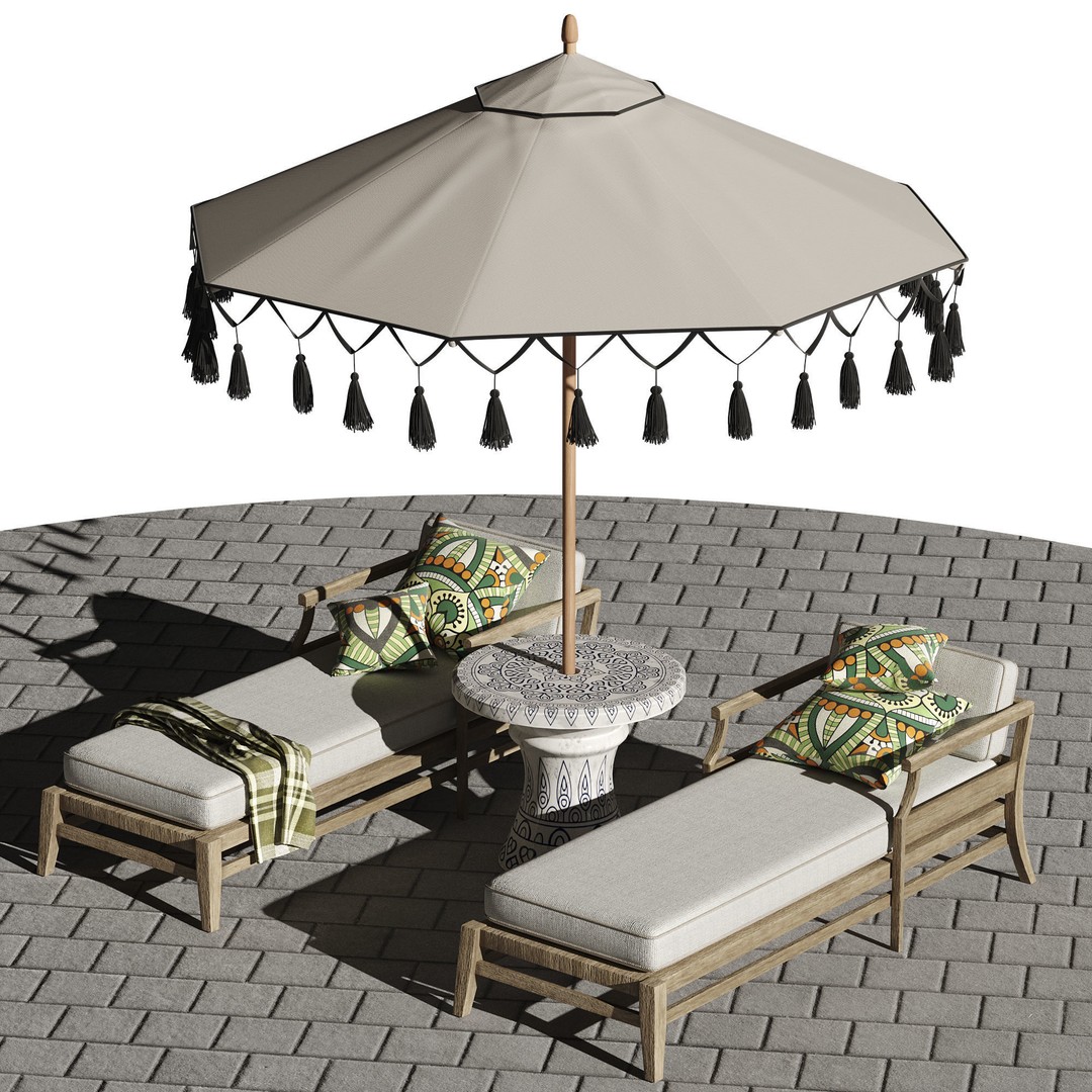 Beach Umbrella and Chaise Longue Set 3D Model – Realistic Outdoor Furniture, FBX, OBJ - View 12
