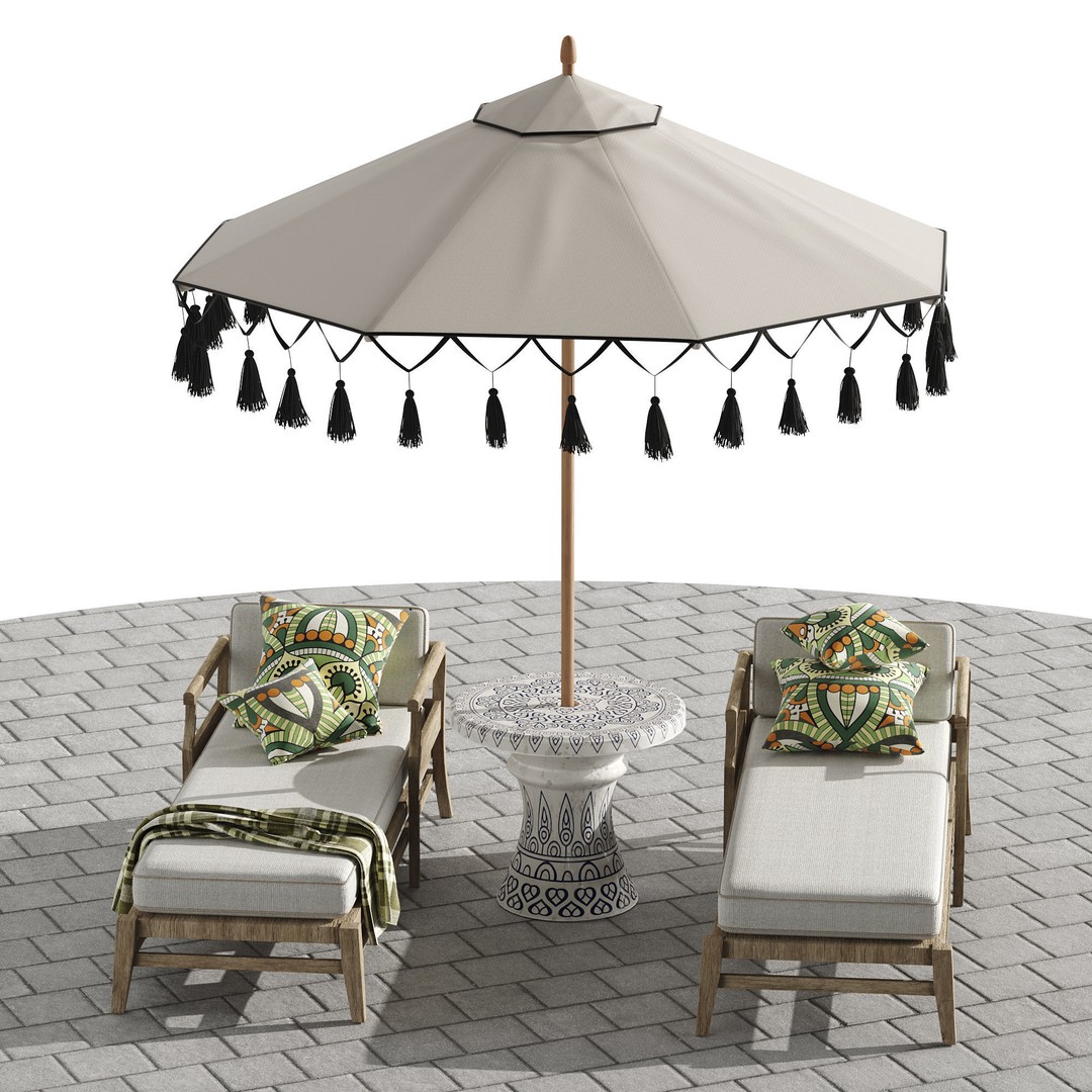 Beach Umbrella and Chaise Longue Set 3D Model – Realistic Outdoor Furniture, FBX, OBJ - View 3