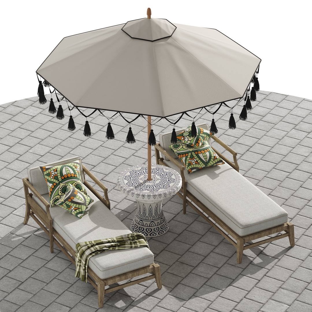Beach Umbrella and Chaise Longue Set 3D Model – Realistic Outdoor Furniture, FBX, OBJ - View 4