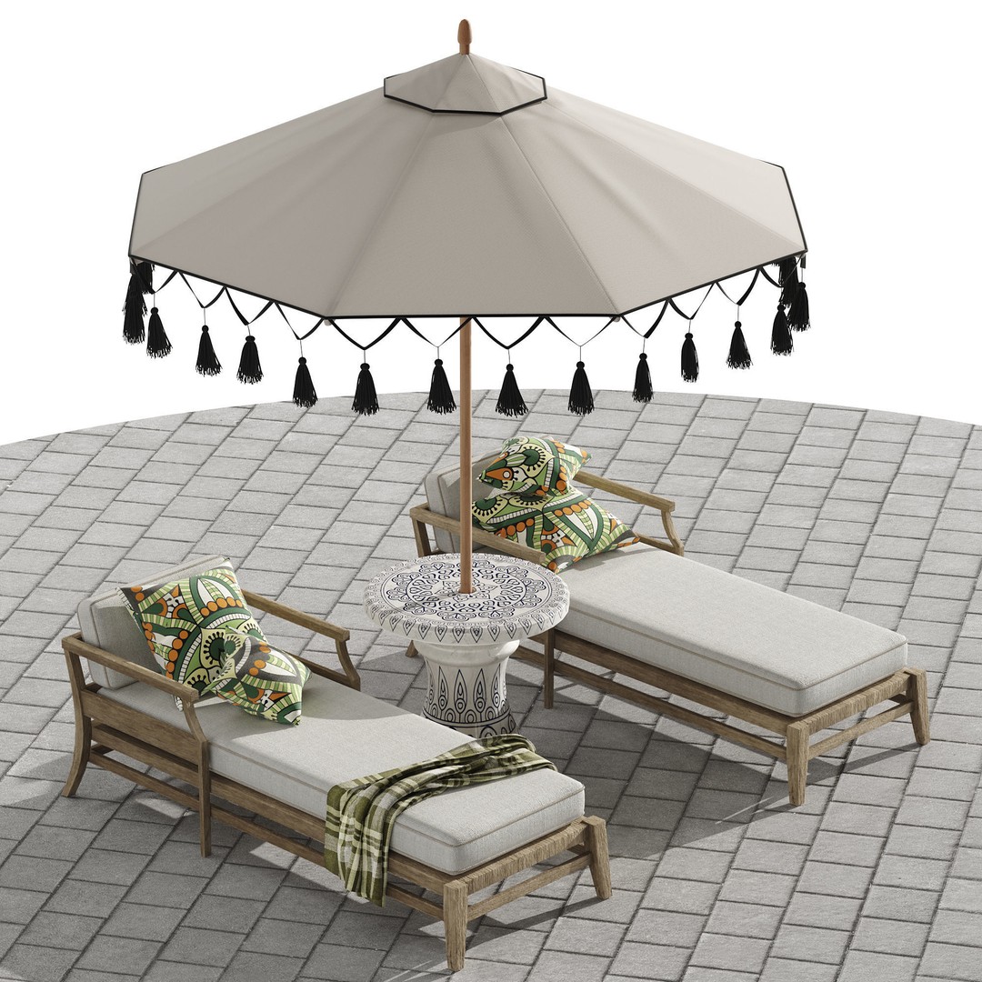 Beach Umbrella and Chaise Longue Set 3D Model – Realistic Outdoor Furniture, FBX, OBJ - View 6