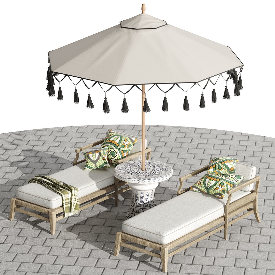 Beach Umbrella and Chaise Longue Set 3D Model – Realistic Outdoor Furniture, FBX, OBJ - View 7