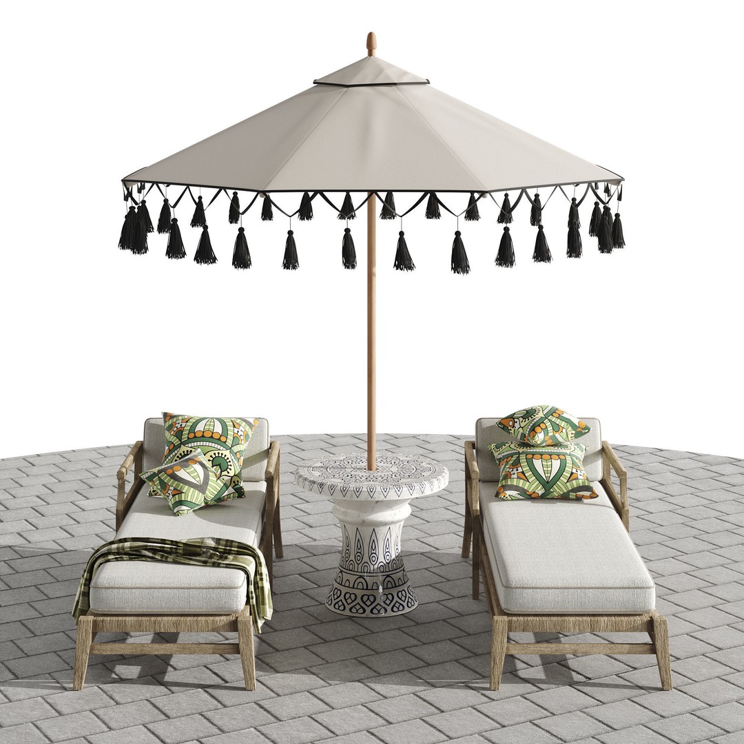 Beach Umbrella and Chaise Longue Set 3D Model – Realistic Outdoor Furniture, FBX, OBJ - View 9