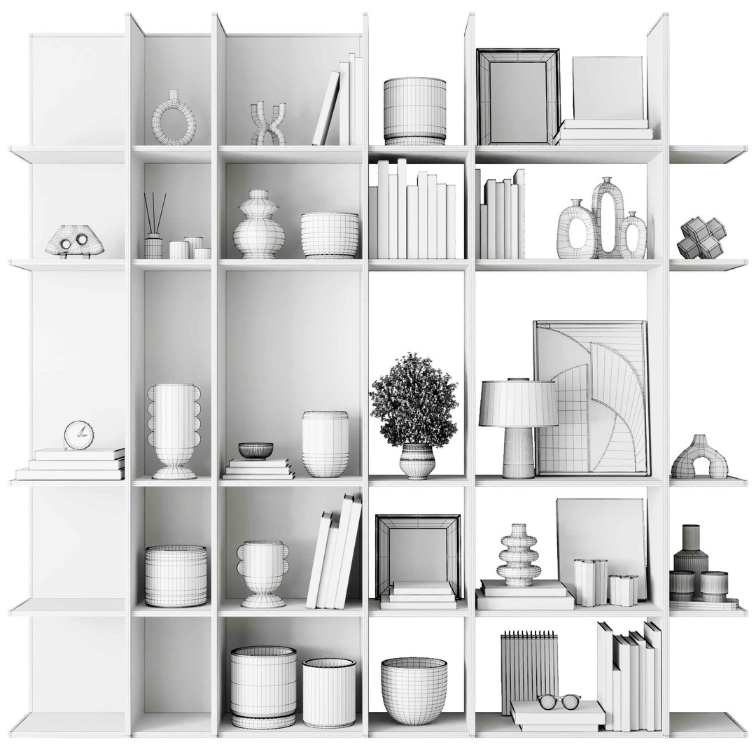 Wooden Shelves 3D Model – Decorative Rack with Plants, Game Ready