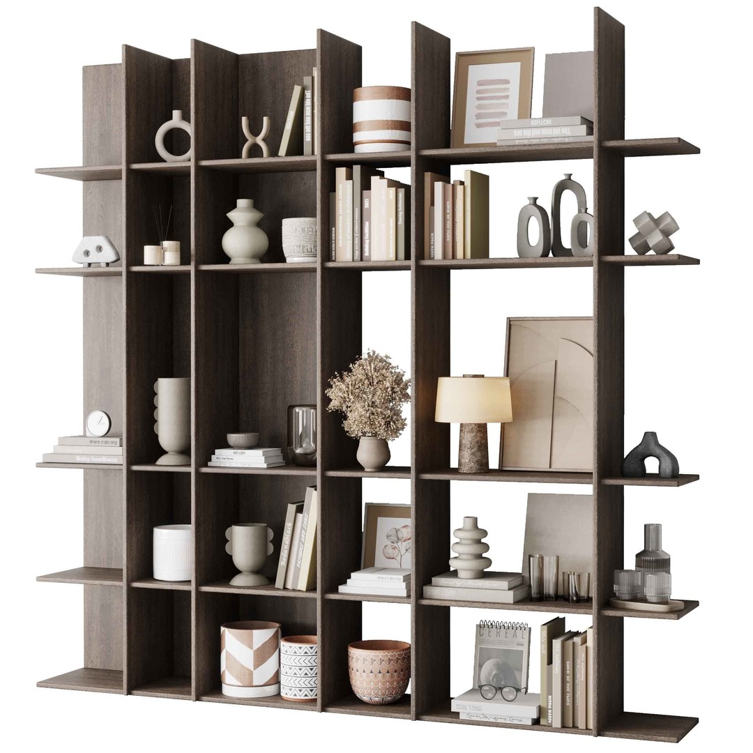 Wooden Shelves 3D Model – Decorative Rack with Plants, Game Ready - View 3