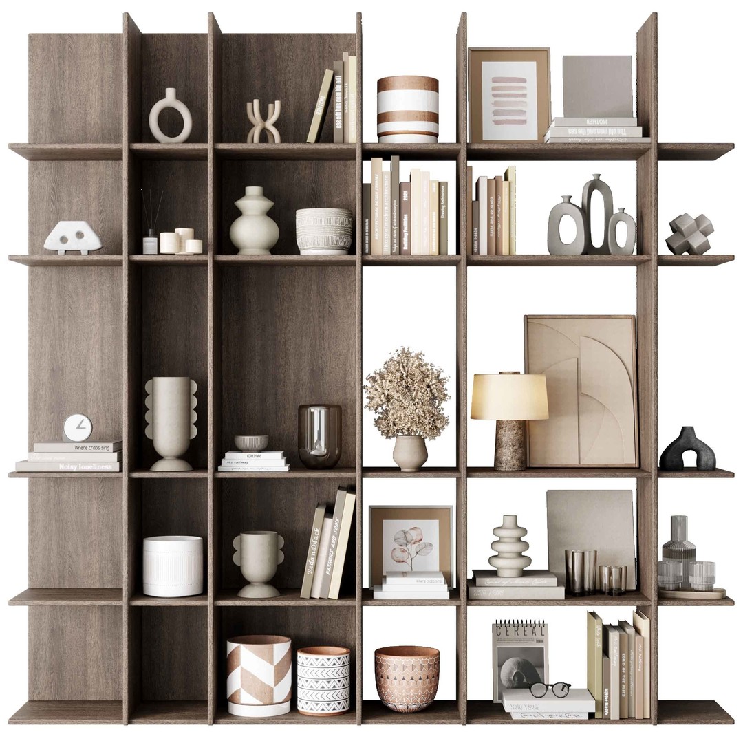 Wooden Shelves 3D Model – Decorative Rack with Plants, Game Ready - View 7