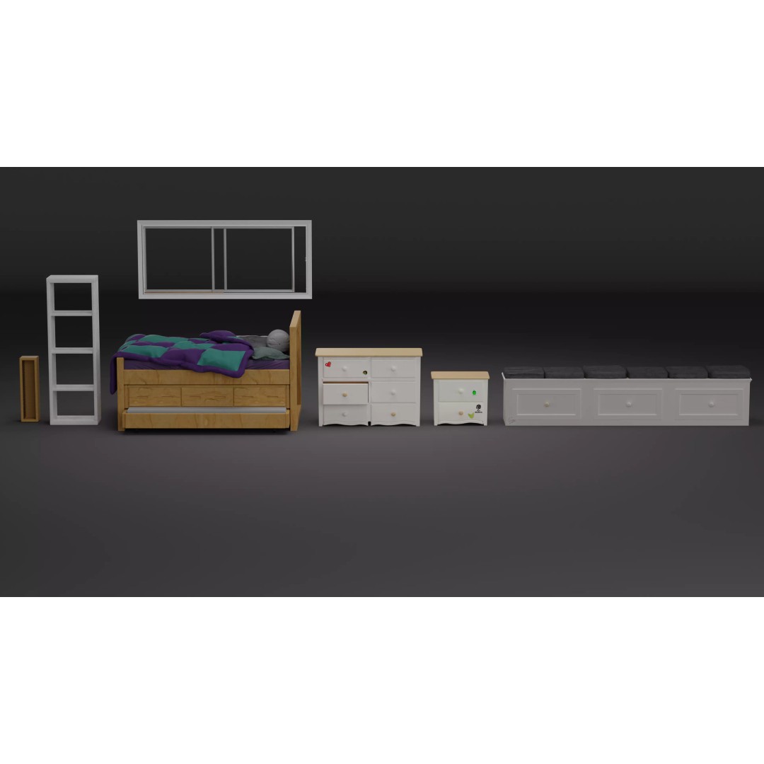 Kids Bedroom 3D Model – Low Poly Furniture Set for Games - View 2