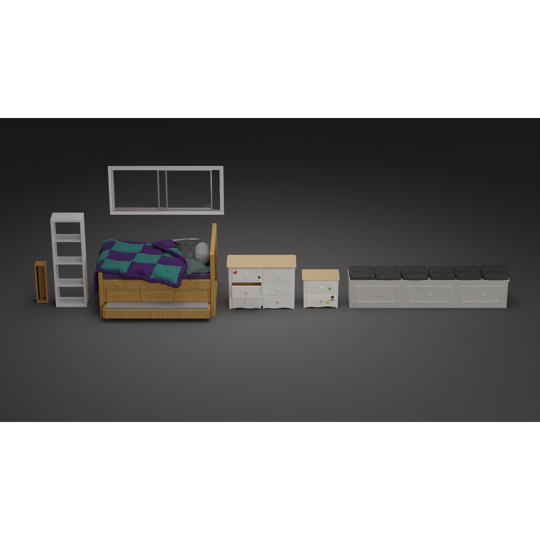 Kids Bedroom 3D Model – Low Poly Furniture Set for Games - View 3
