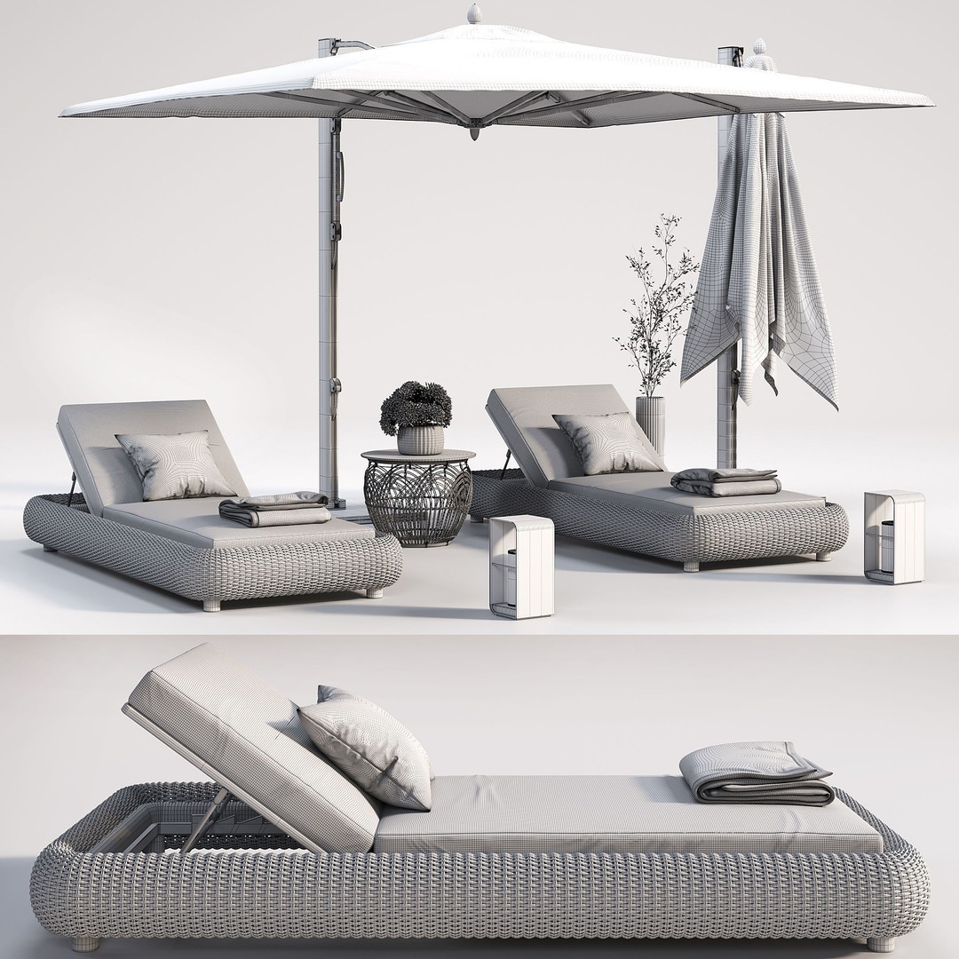 Lounger 3D Model – Cantilever Umbrella with Rattan Table