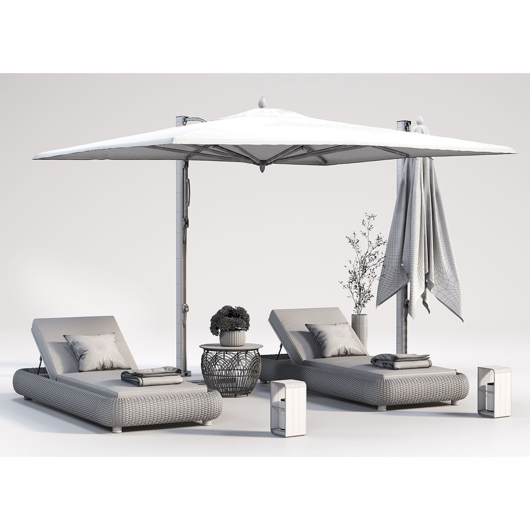 Lounger 3D Model – Cantilever Umbrella with Rattan Table - View 11