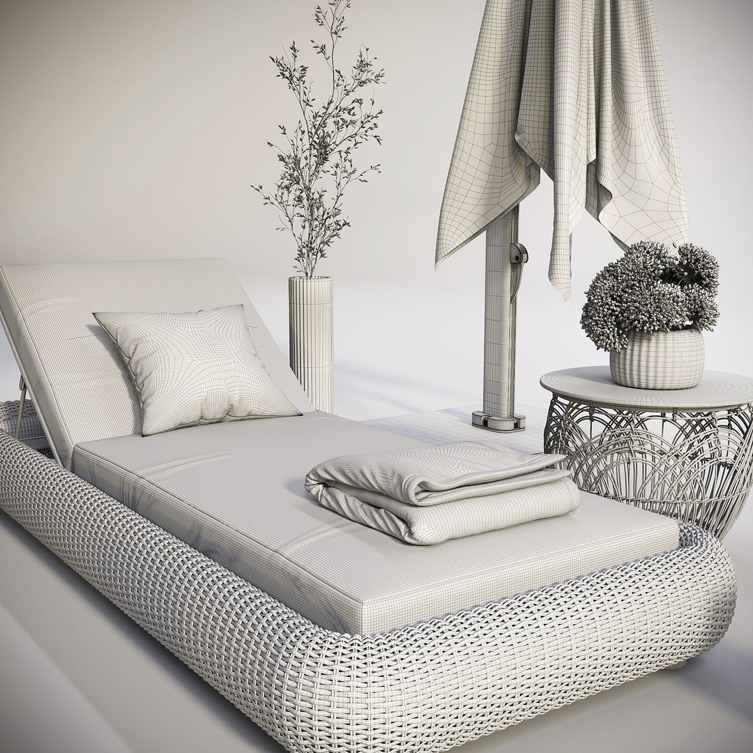 Lounger 3D Model – Cantilever Umbrella with Rattan Table - View 12