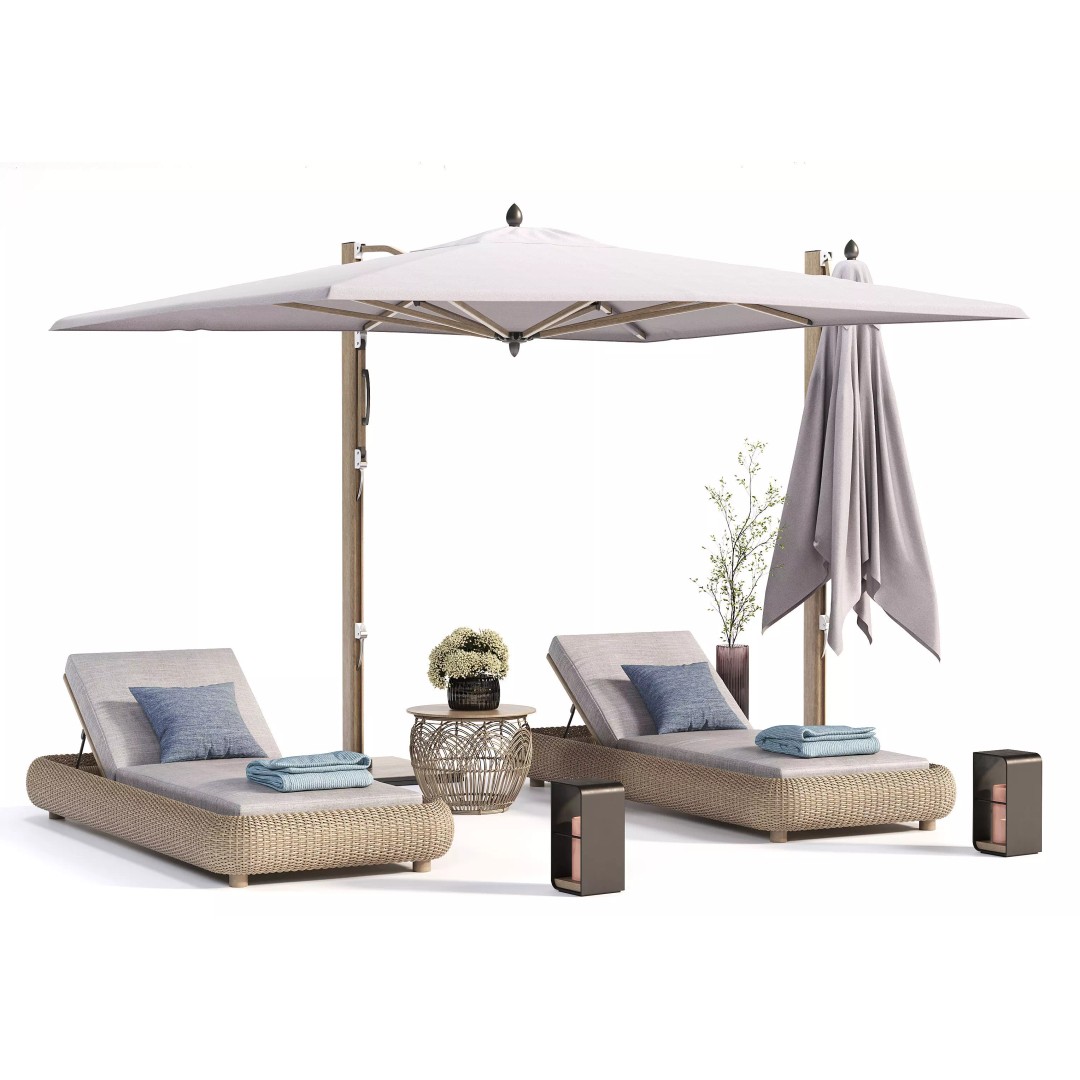 Lounger 3D Model – Cantilever Umbrella with Rattan Table - View 2