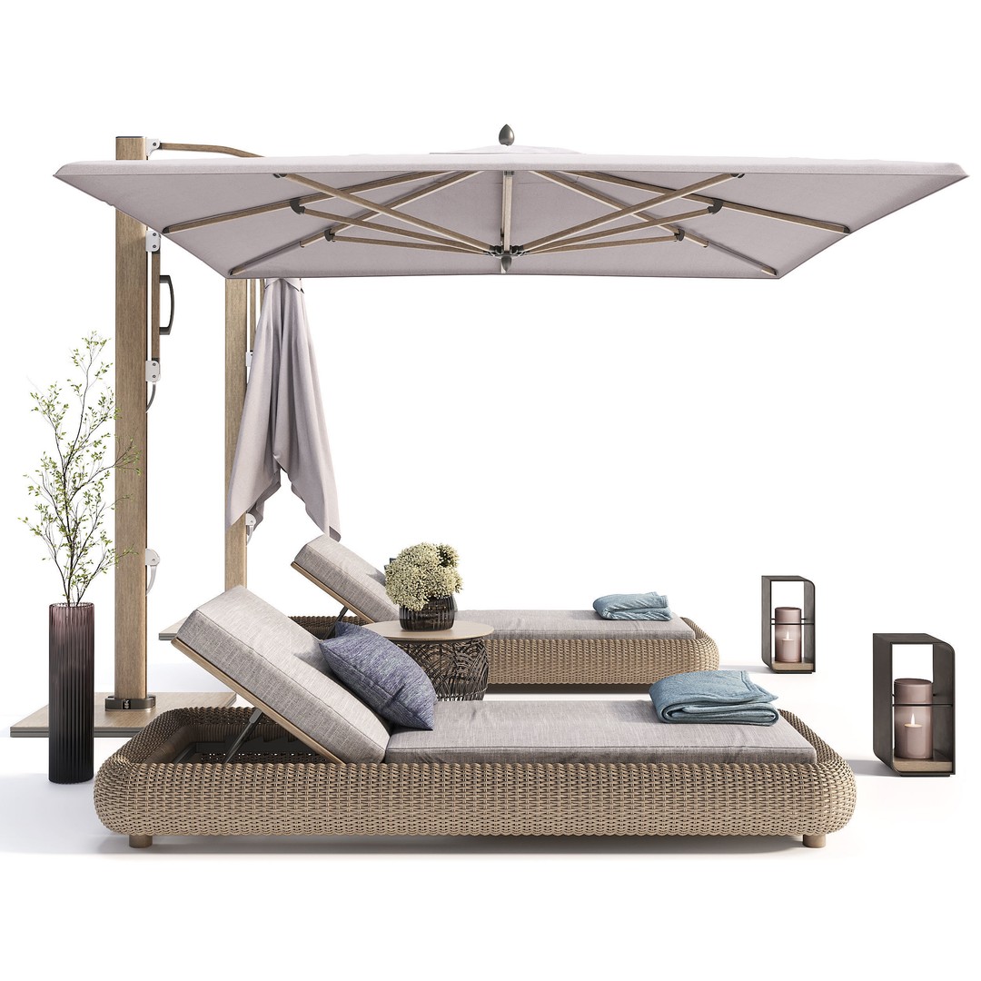 Lounger 3D Model – Cantilever Umbrella with Rattan Table - View 3