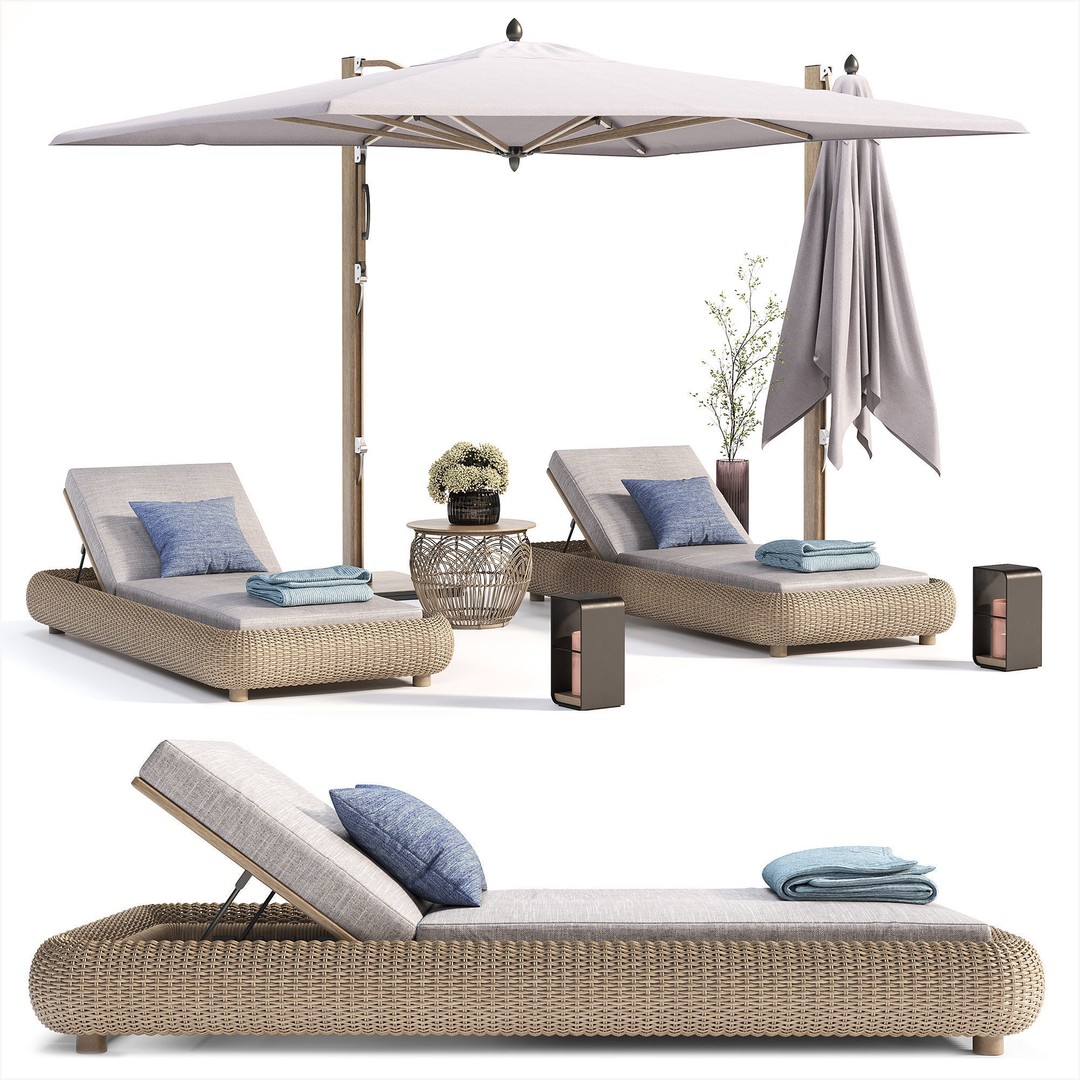 Lounger 3D Model – Cantilever Umbrella with Rattan Table - View 4