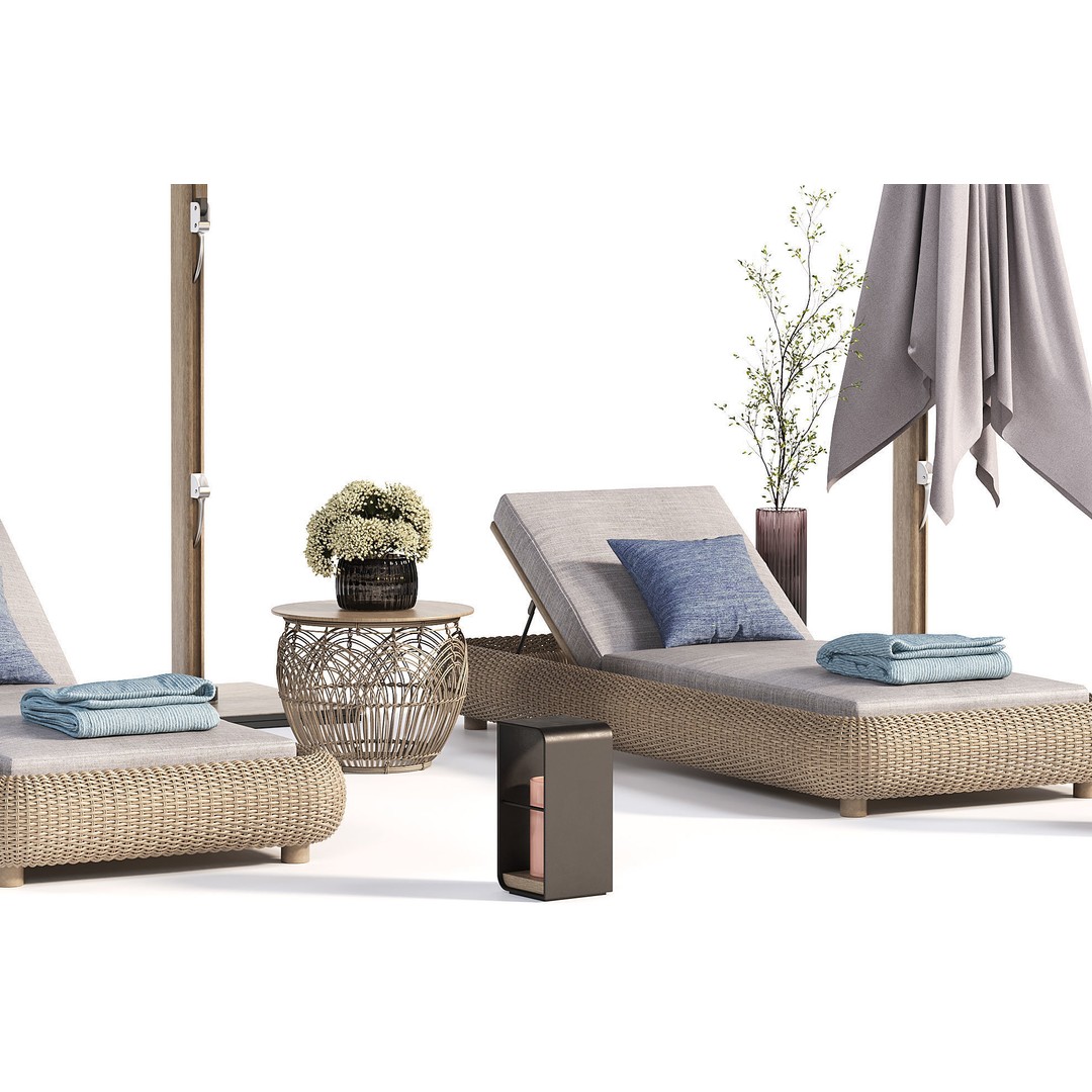Lounger 3D Model – Cantilever Umbrella with Rattan Table - View 5