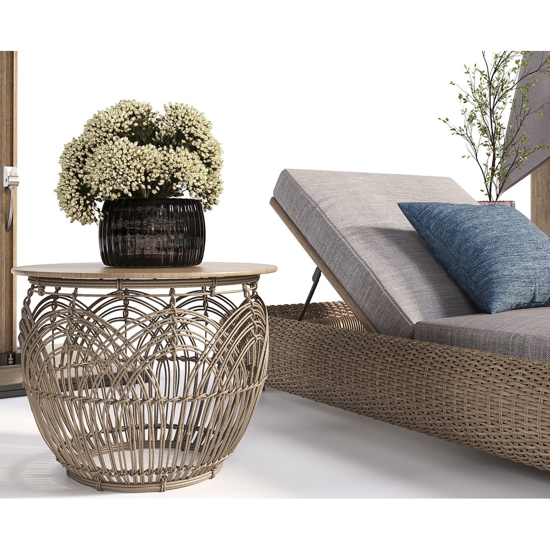 Lounger 3D Model – Cantilever Umbrella with Rattan Table - View 6