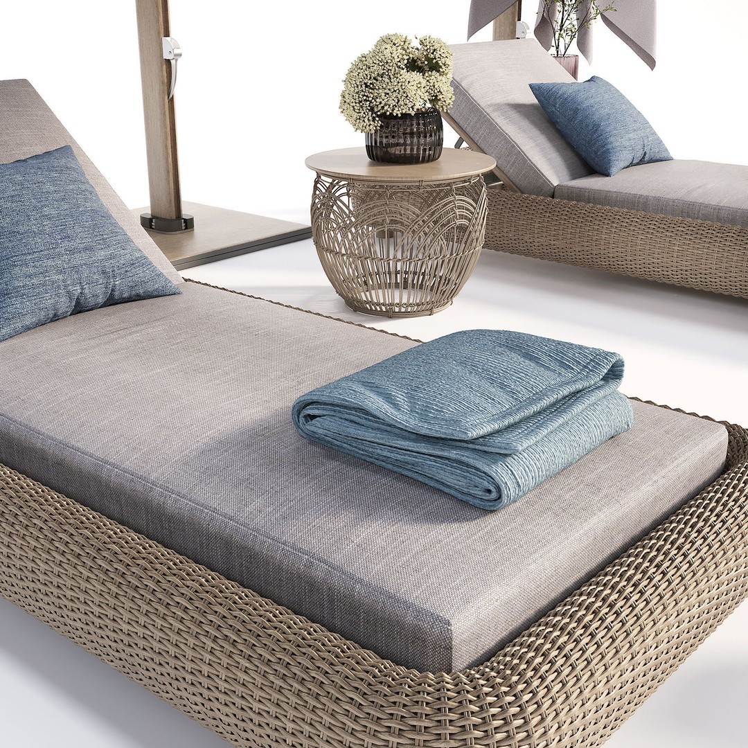 Lounger 3D Model – Cantilever Umbrella with Rattan Table - View 7