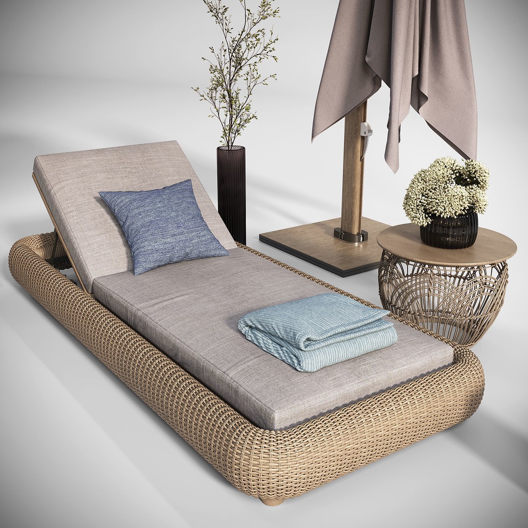 Lounger 3D Model – Cantilever Umbrella with Rattan Table - View 9