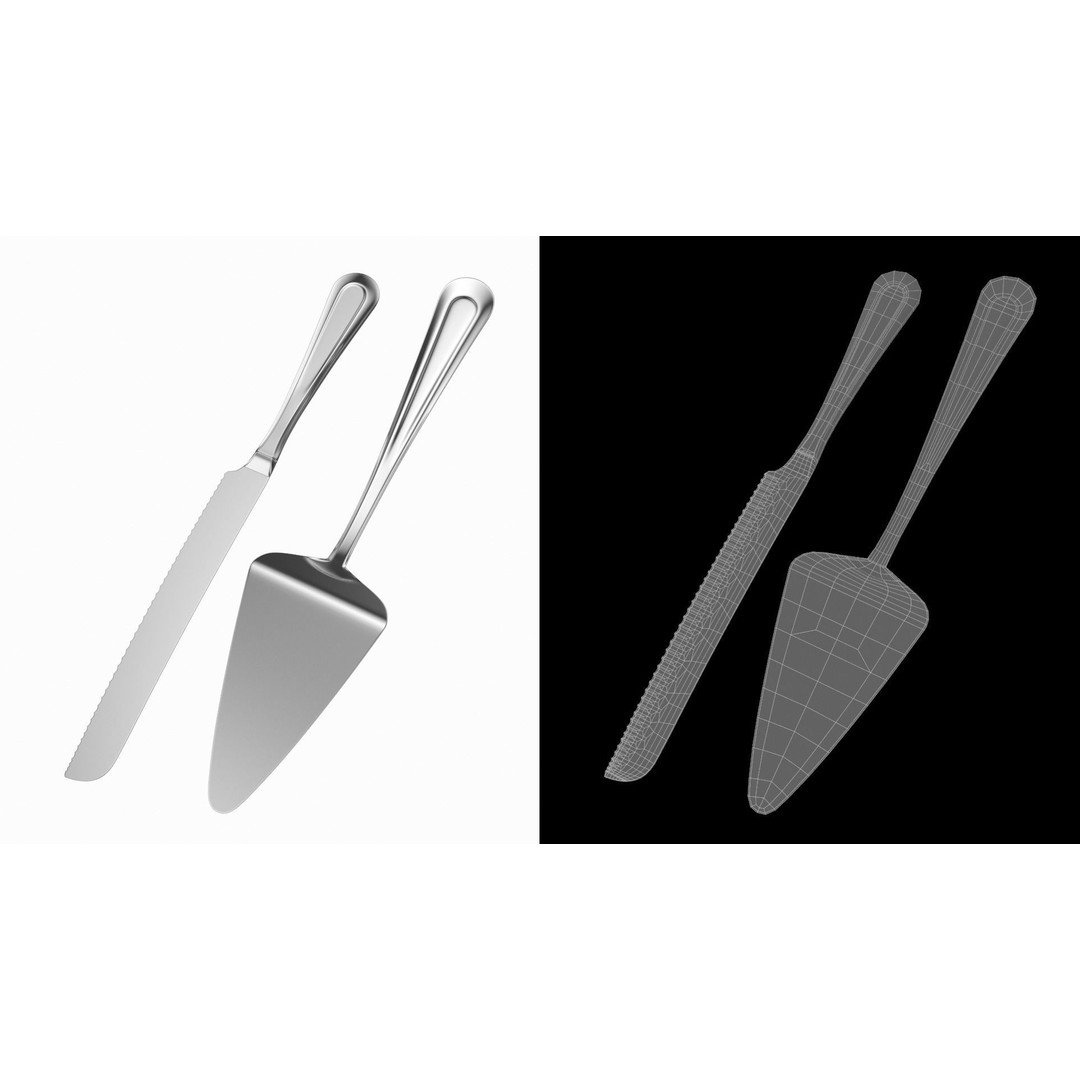 Cake Knife and Server 3D Model – Classic Cutlery Design, FBX - View 10