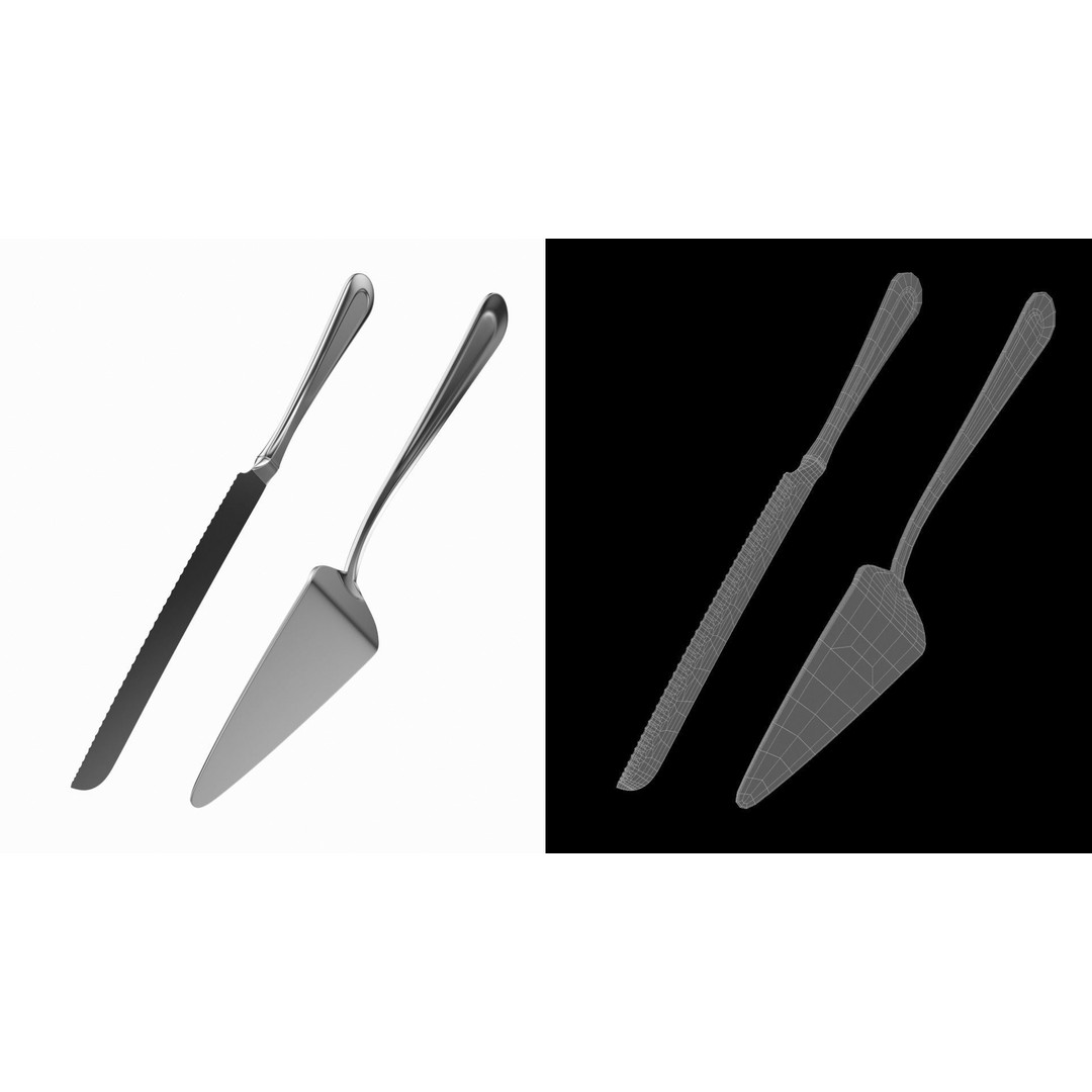 Cake Knife and Server 3D Model – Classic Cutlery Design, FBX - View 12
