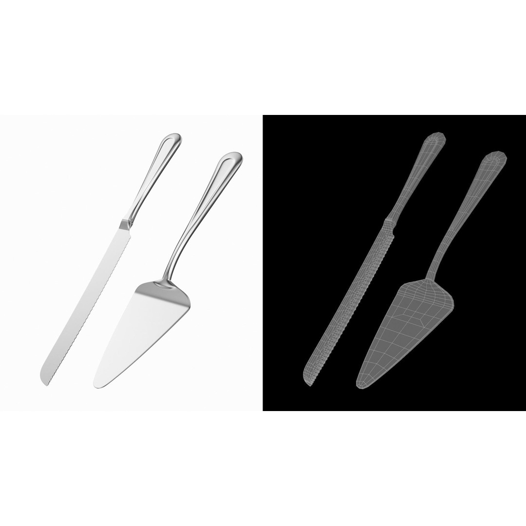 Cake Knife and Server 3D Model – Classic Cutlery Design, FBX - View 3