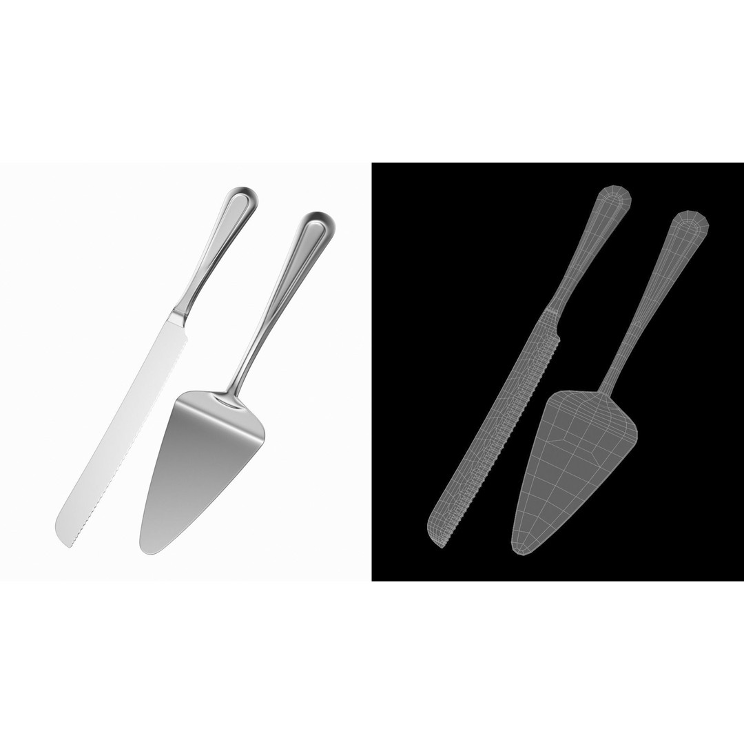 Cake Knife and Server 3D Model – Classic Cutlery Design, FBX - View 4