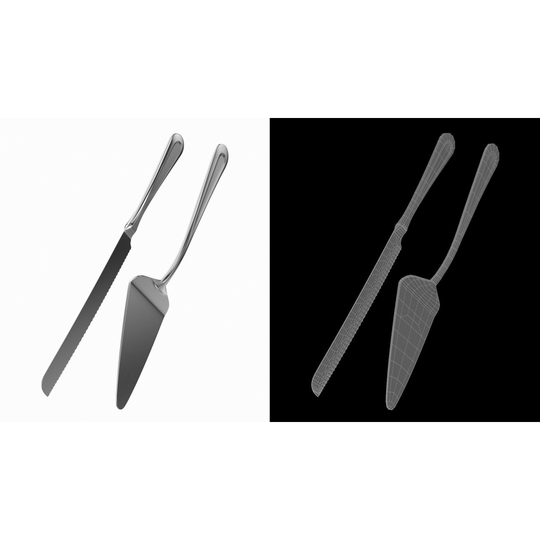 Cake Knife and Server 3D Model – Classic Cutlery Design, FBX - View 6