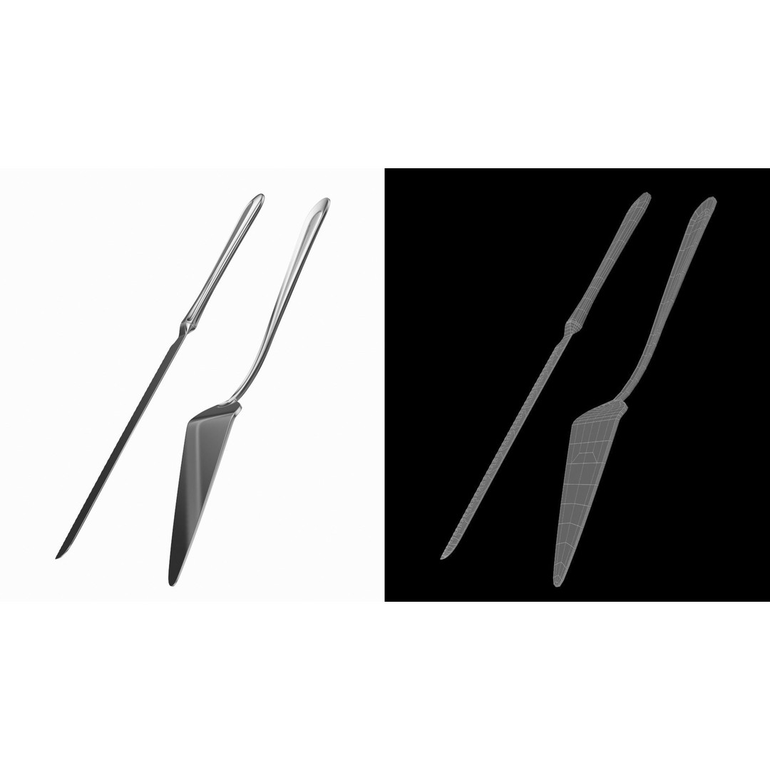 Cake Knife and Server 3D Model – Classic Cutlery Design, FBX - View 8