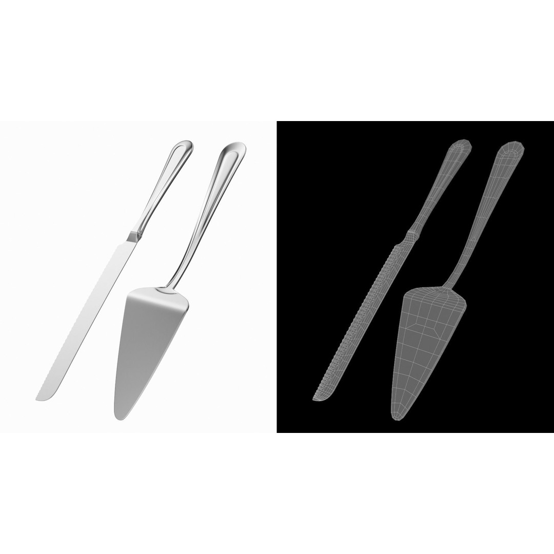 Cake Knife and Server 3D Model – Classic Cutlery Design, FBX - View 9