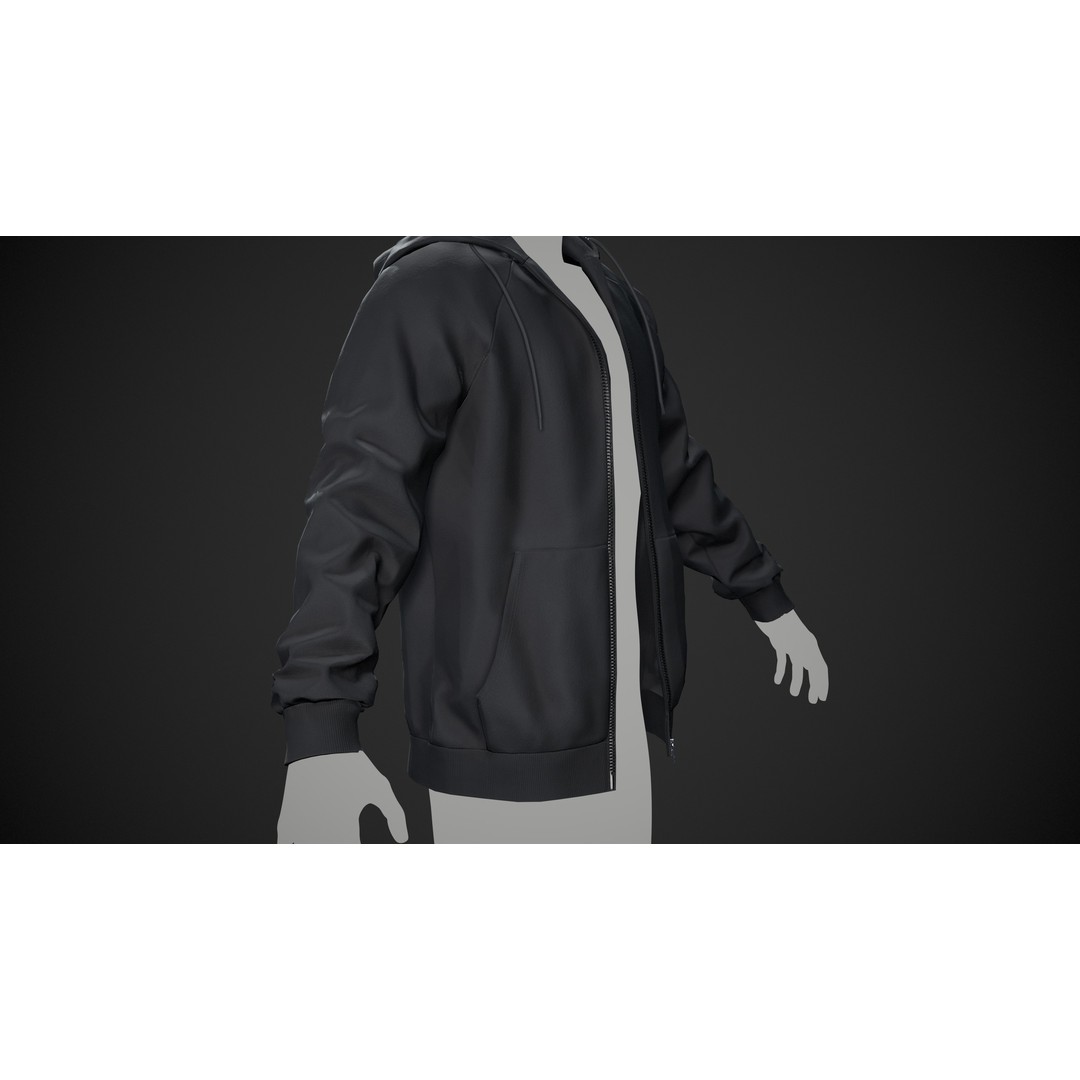 Black Open Hoodie 3D Model – Low Poly PBR Clothing Asset, FBX - View 10