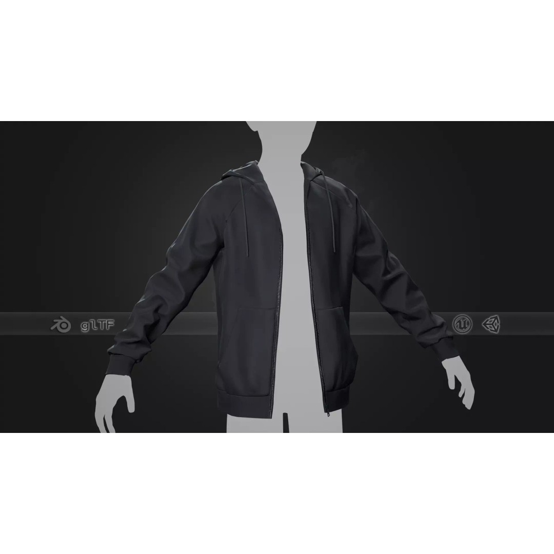 Black Open Hoodie 3D Model – Low Poly PBR Clothing Asset, FBX - View 2