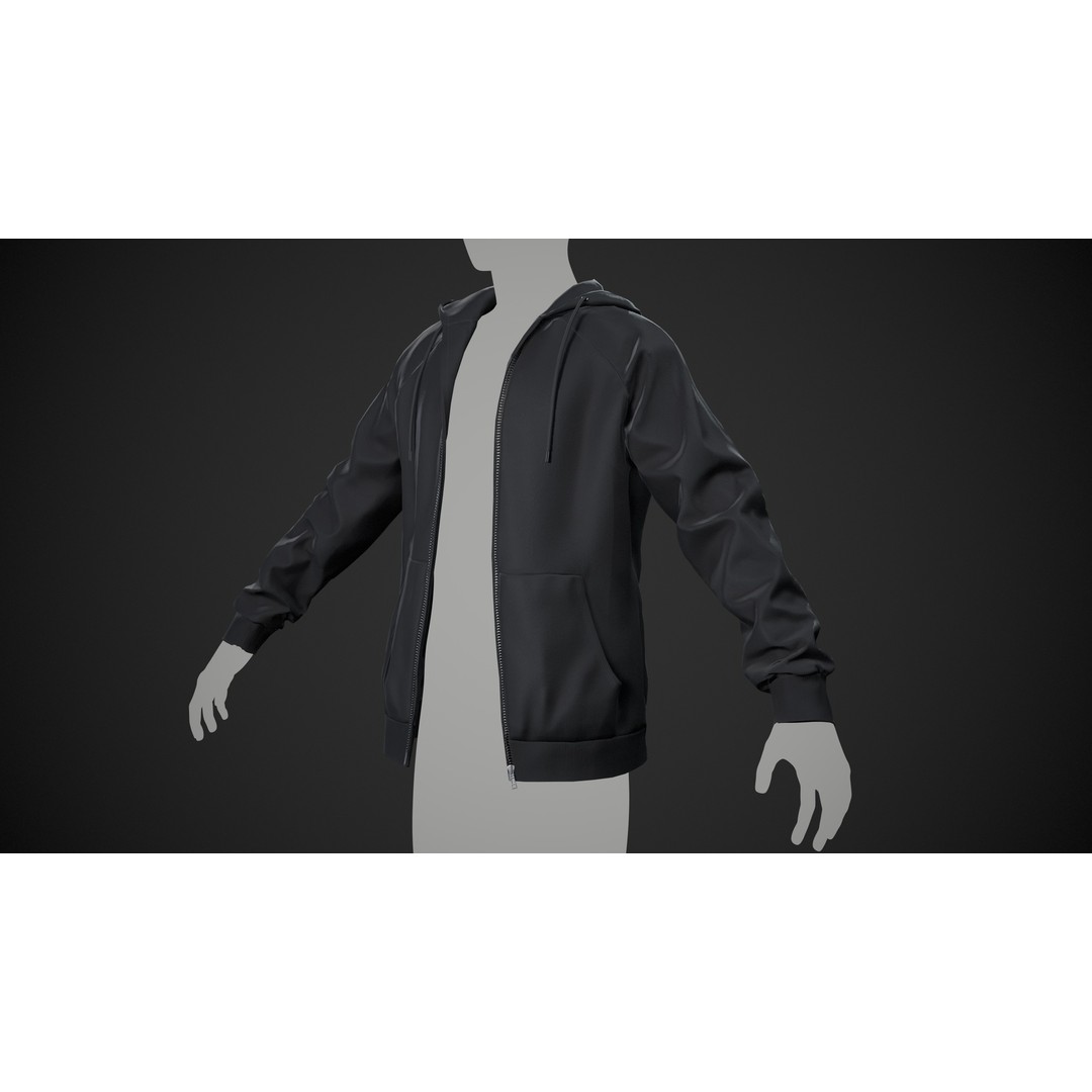 Black Open Hoodie 3D Model – Low Poly PBR Clothing Asset, FBX - View 3