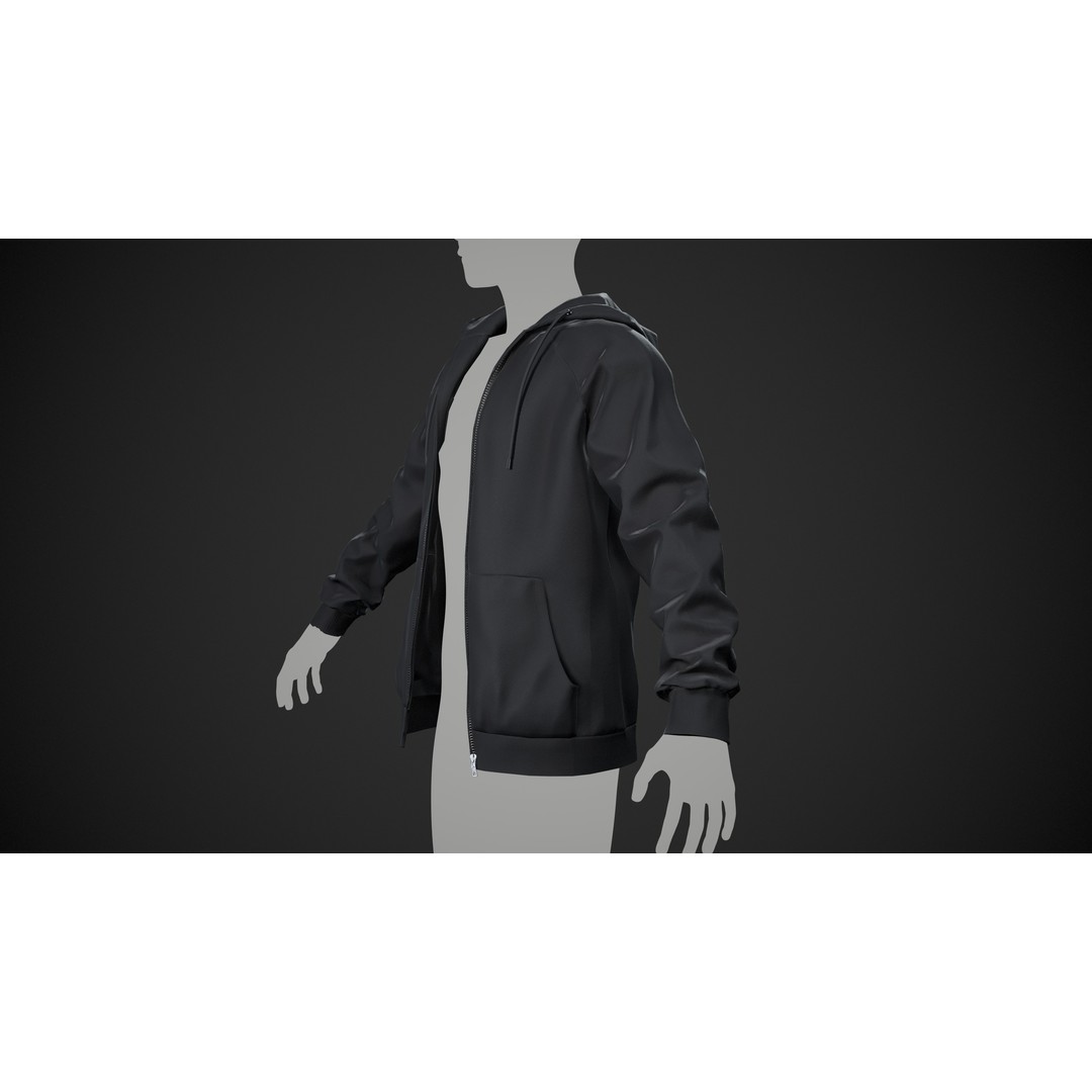 Black Open Hoodie 3D Model – Low Poly PBR Clothing Asset, FBX - View 7