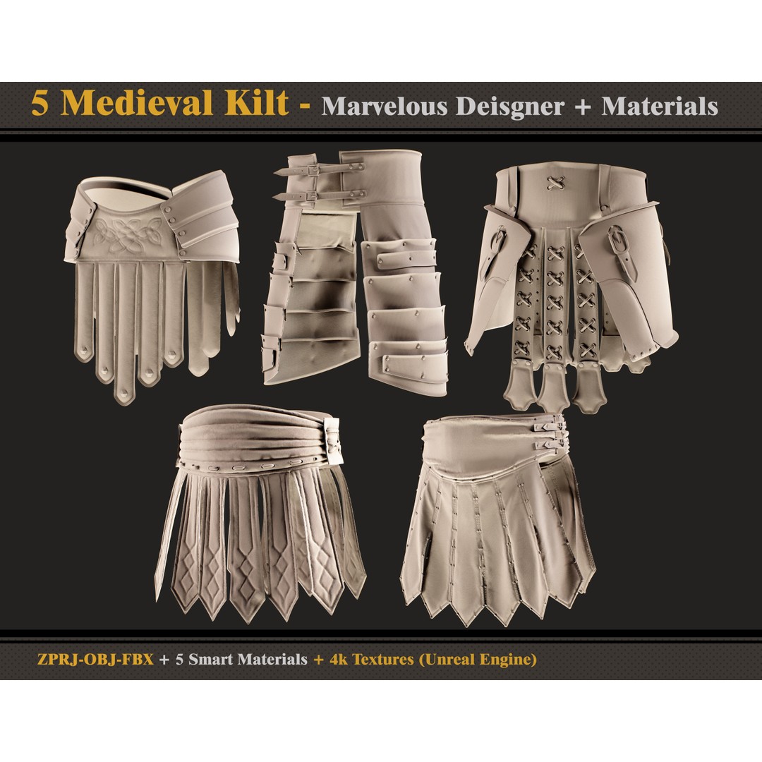 Medieval Kilts 3D Model – 5 Styles with PBR Textures, FBX & OBJ