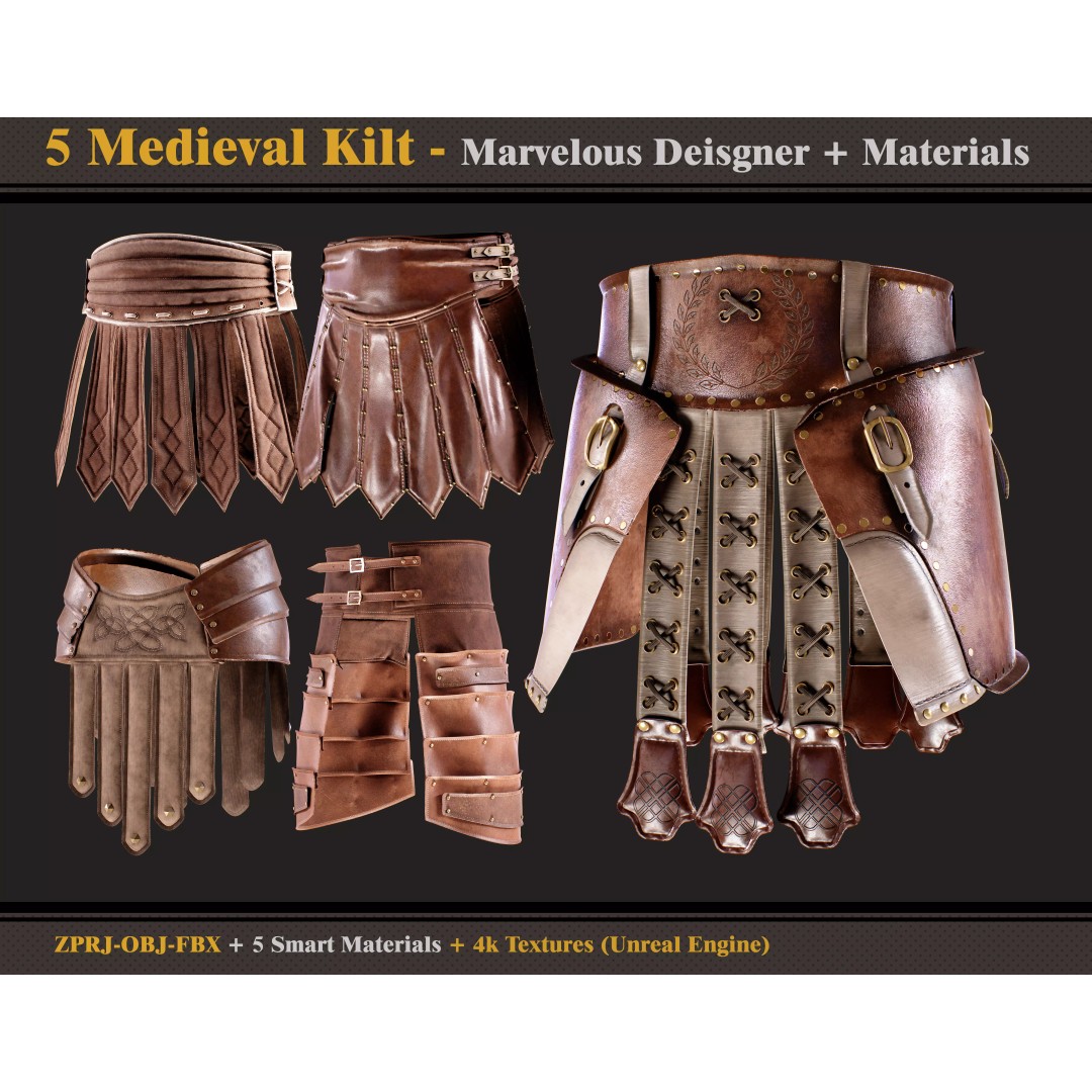 Medieval Kilts 3D Model – 5 Styles with PBR Textures, FBX & OBJ - View 2