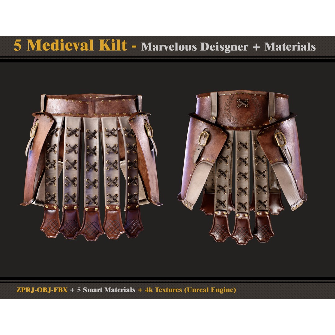 Medieval Kilts 3D Model – 5 Styles with PBR Textures, FBX & OBJ - View 3
