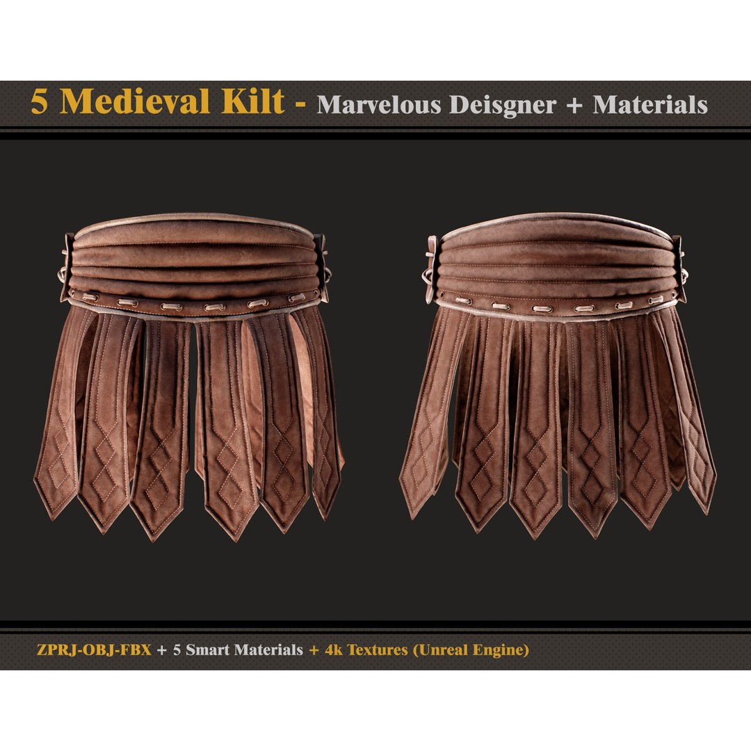 Medieval Kilts 3D Model – 5 Styles with PBR Textures, FBX & OBJ - View 4