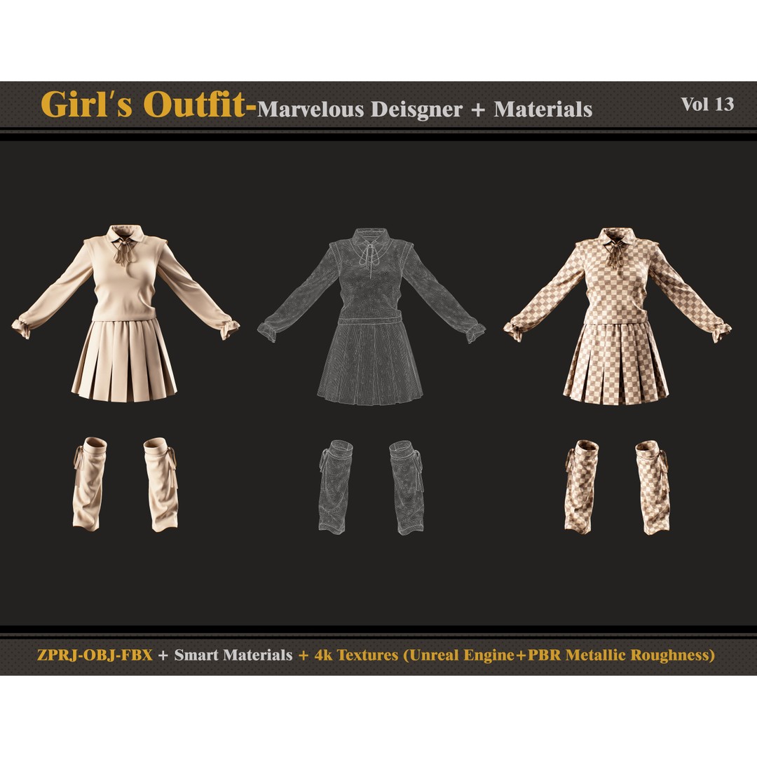 Girls Outfit 3D Model – Stylish Clothing Set for Marvelous Designer, FBX/OBJ