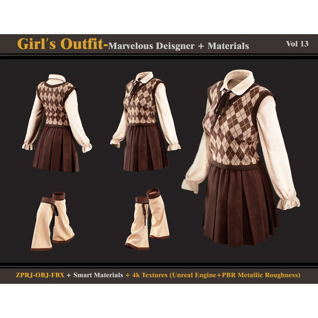 Girls Outfit 3D Model – Stylish Clothing Set for Marvelous Designer, FBX/OBJ - View 2