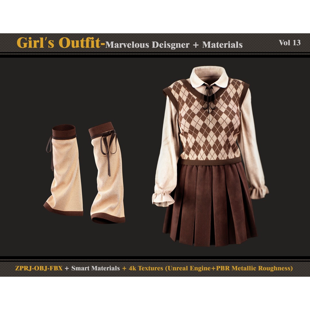 Girls Outfit 3D Model – Stylish Clothing Set for Marvelous Designer, FBX/OBJ - View 3