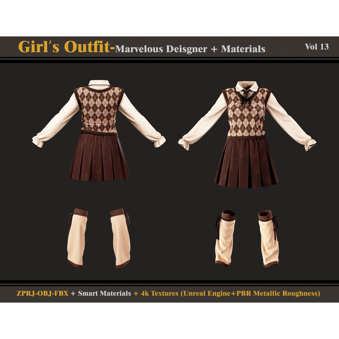 Girls Outfit 3D Model – Stylish Clothing Set for Marvelous Designer, FBX/OBJ - View 4