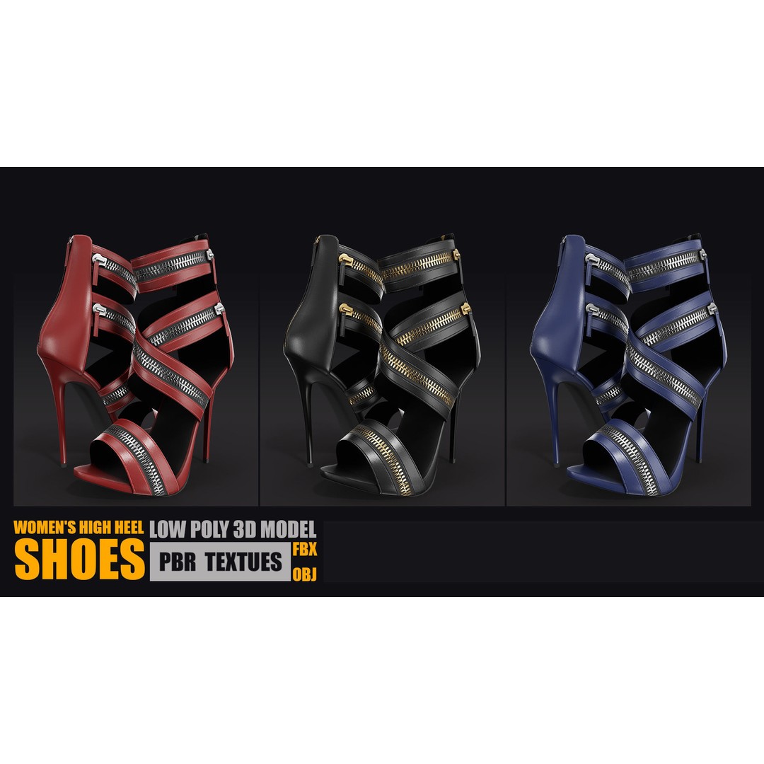 Women's High Heel Shoes 3D Model – Low Poly PBR Textures, FBX & OBJ - View 3