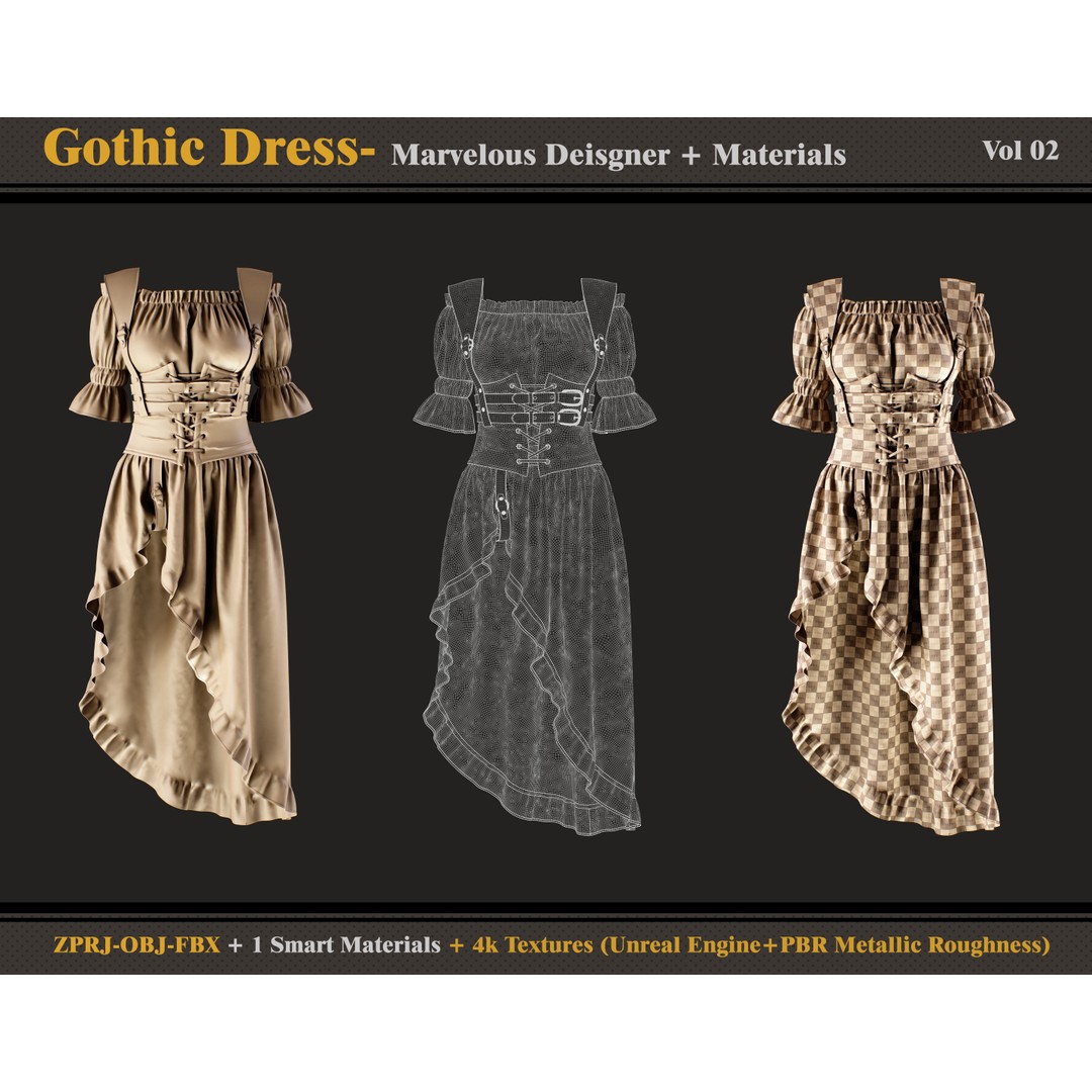 Gothic Dress 3D Model – Medieval Female Outfit with PBR Textures