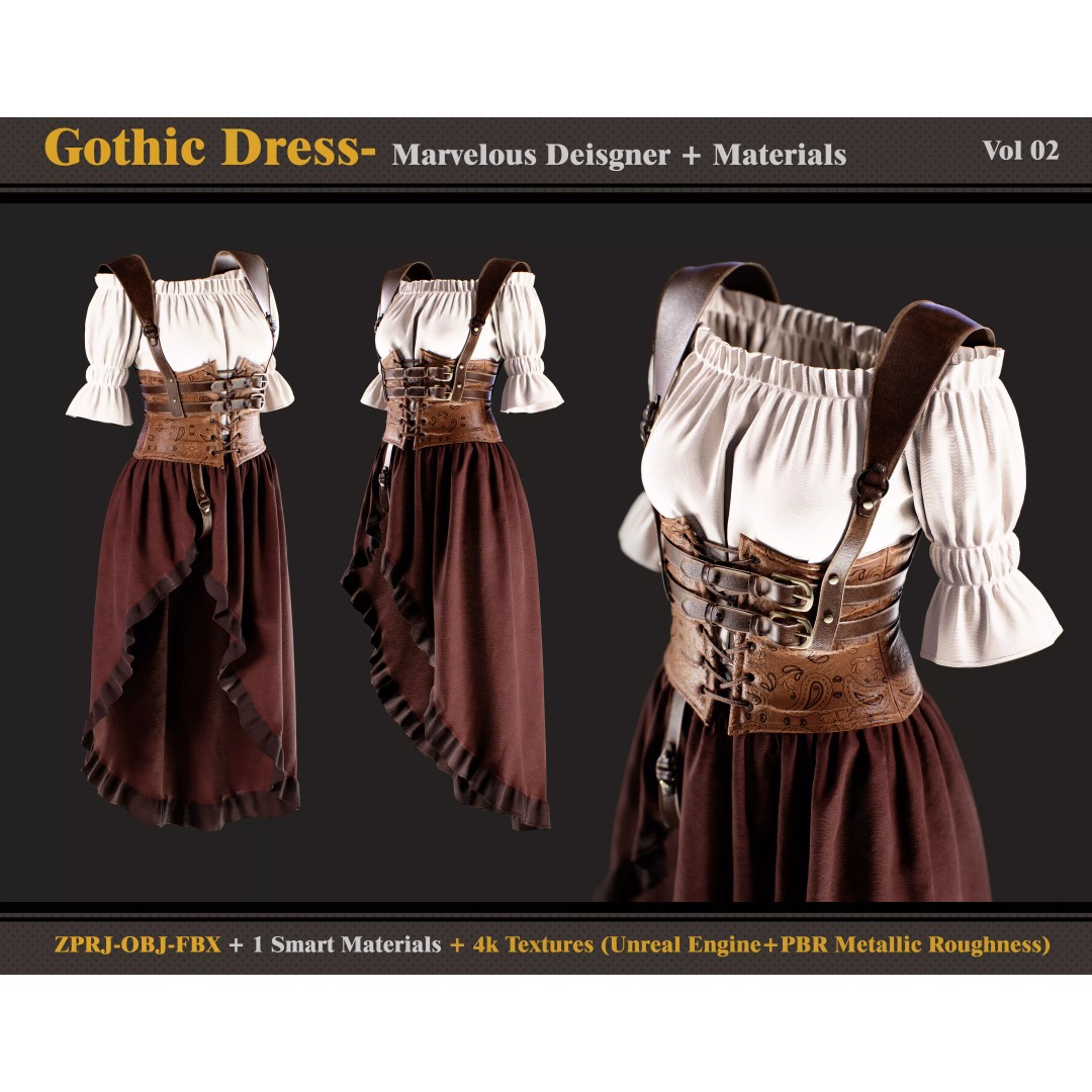 Gothic Dress 3D Model – Medieval Female Outfit with PBR Textures - View 2