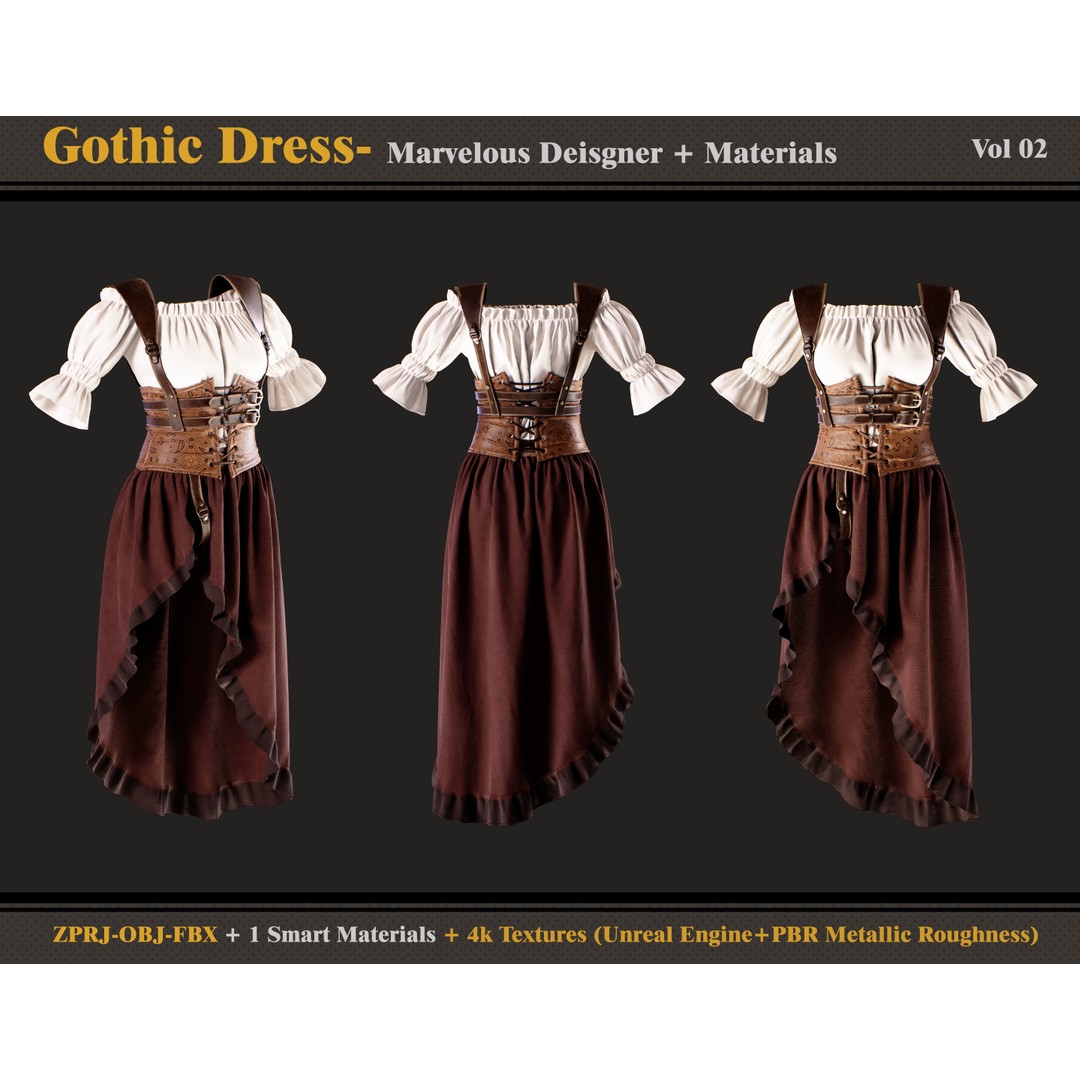 Gothic Dress 3D Model – Medieval Female Outfit with PBR Textures - View 3