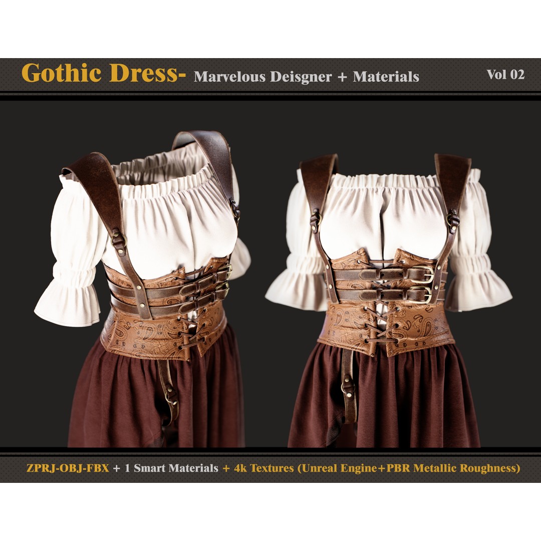 Gothic Dress 3D Model – Medieval Female Outfit with PBR Textures - View 4