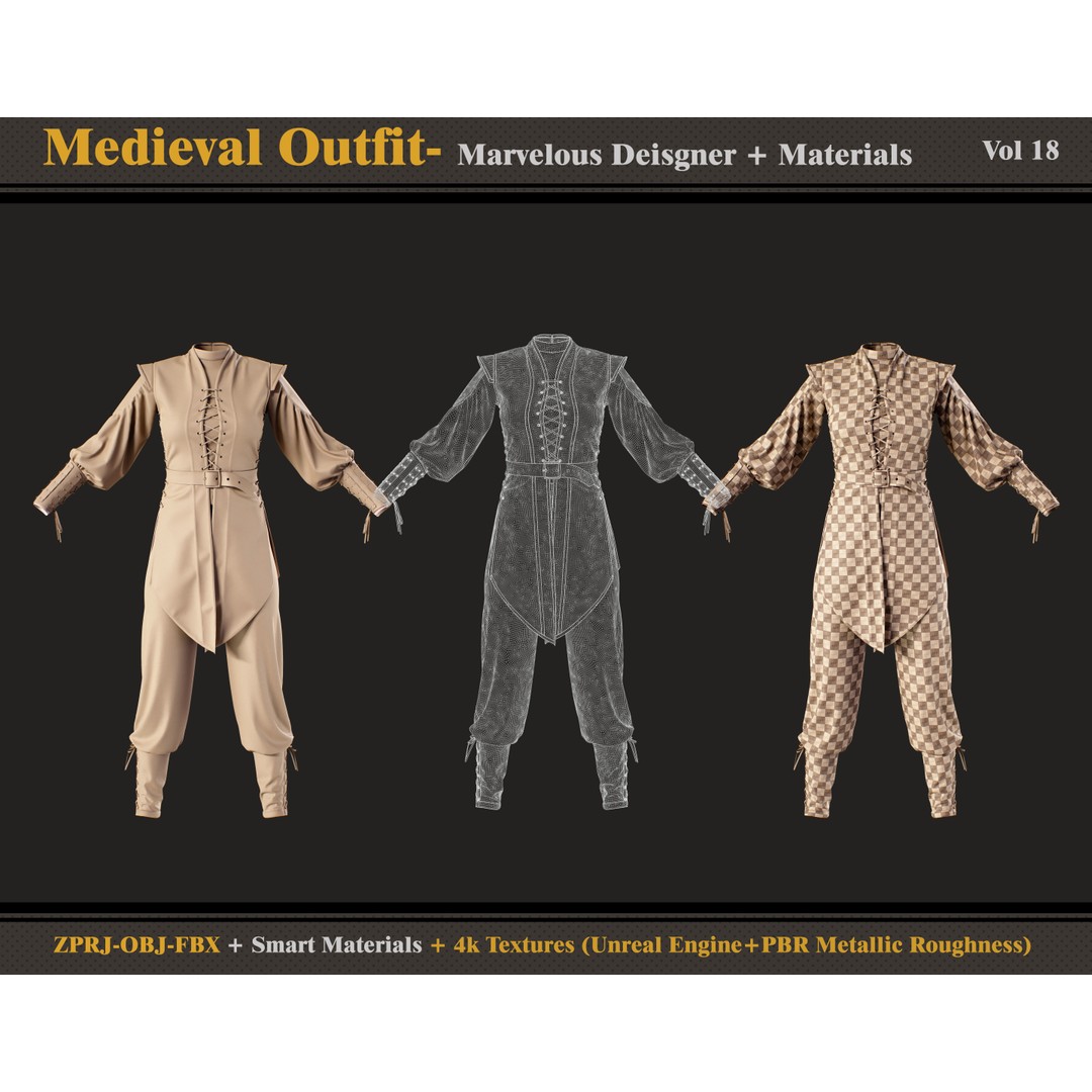 Medieval Outfit 3D Model – Character Costume with Textures, FBX, OBJ