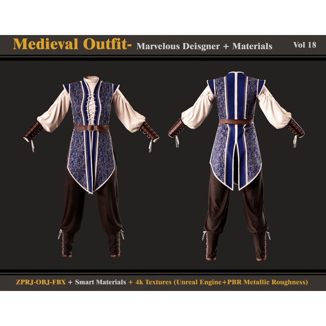 Medieval Outfit 3D Model – Character Costume with Textures, FBX, OBJ - View 3